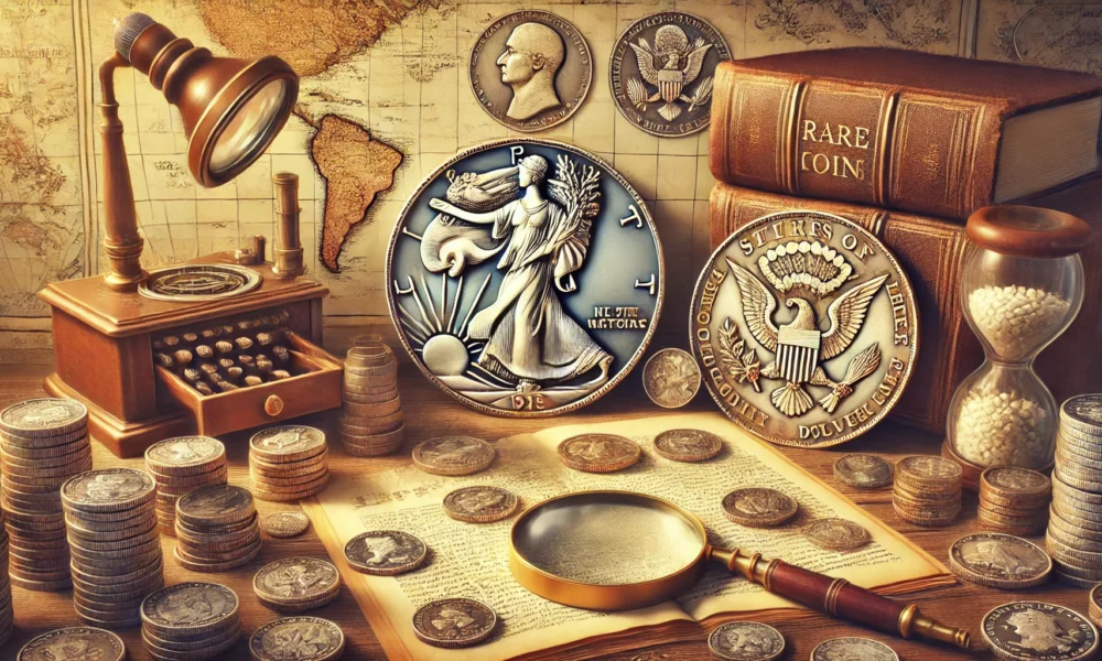 Illustration of rare coins from Coyyn.com rare coins including the 1933 Saint-Gaudens Double Eagle and 1804 Silver Dollar, displayed with a collector’s desk setup featuring a magnifying glass, coin albums, and maps.