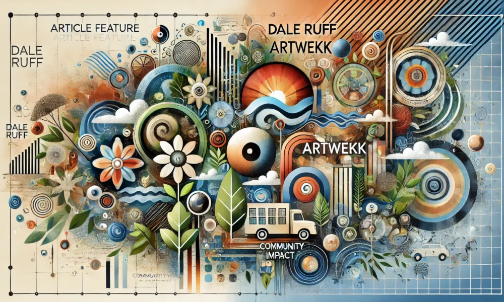 Feature image for Dale Ruff Artwekk, blending abstract art, community themes, and sustainability symbols.