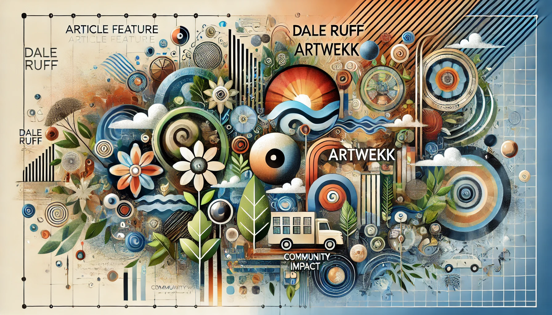 Feature image for Dale Ruff Artwekk, blending abstract art, community themes, and sustainability symbols.