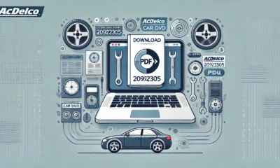 Guide image showing how to download the manual for ACDelco Car DVD 20929305, featuring an open laptop displaying a PDF icon with car-related elements.