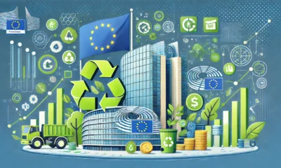 Illustration of EU's New Framework for Sustainability and Accountability, featuring European Parliament, environmental symbols, and digital connectivity. Concept is used for EU-NENCFZS8.