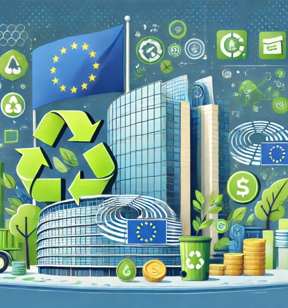 Illustration of EU's New Framework for Sustainability and Accountability, featuring European Parliament, environmental symbols, and digital connectivity. Concept is used for EU-NENCFZS8.