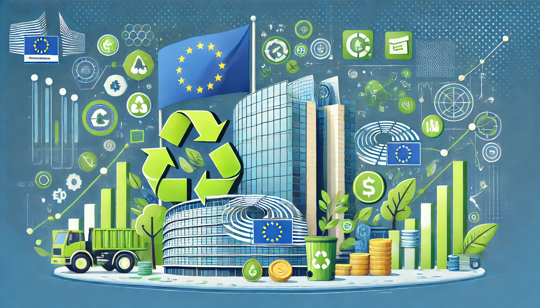 Illustration of EU's New Framework for Sustainability and Accountability, featuring European Parliament, environmental symbols, and digital connectivity. Concept is used for EU-NENCFZS8.