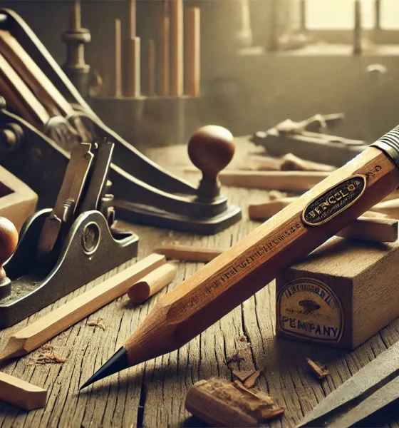 Vintage extruded wood pencil branded by Eagle Pencil Company on a rustic workbench, representing traditional craftsmanship and modern extrusion technology. In-short image concept is used for Extruded Wood Pencil Eagle.