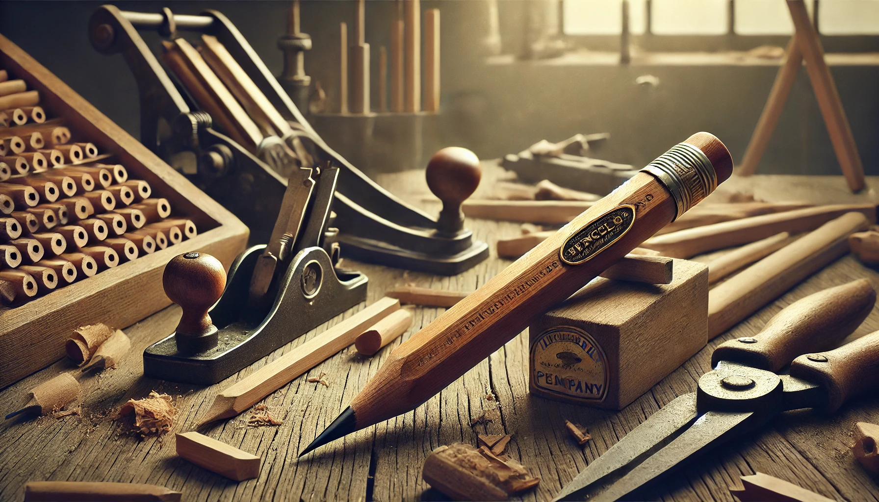 Vintage extruded wood pencil branded by Eagle Pencil Company on a rustic workbench, representing traditional craftsmanship and modern extrusion technology. In-short image concept is used for Extruded Wood Pencil Eagle.