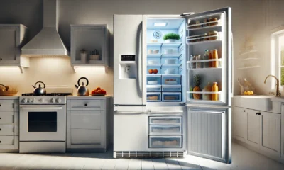 Wide-format image of the General Electric GTS1HGNGRWW refrigerator, a top-freezer model in white, with open doors revealing spacious storage, adjustable bins, and humidity-controlled crispers.