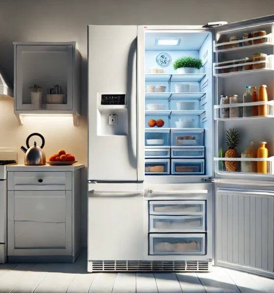 Wide-format image of the General Electric GTS1HGNGRWW refrigerator, a top-freezer model in white, with open doors revealing spacious storage, adjustable bins, and humidity-controlled crispers.