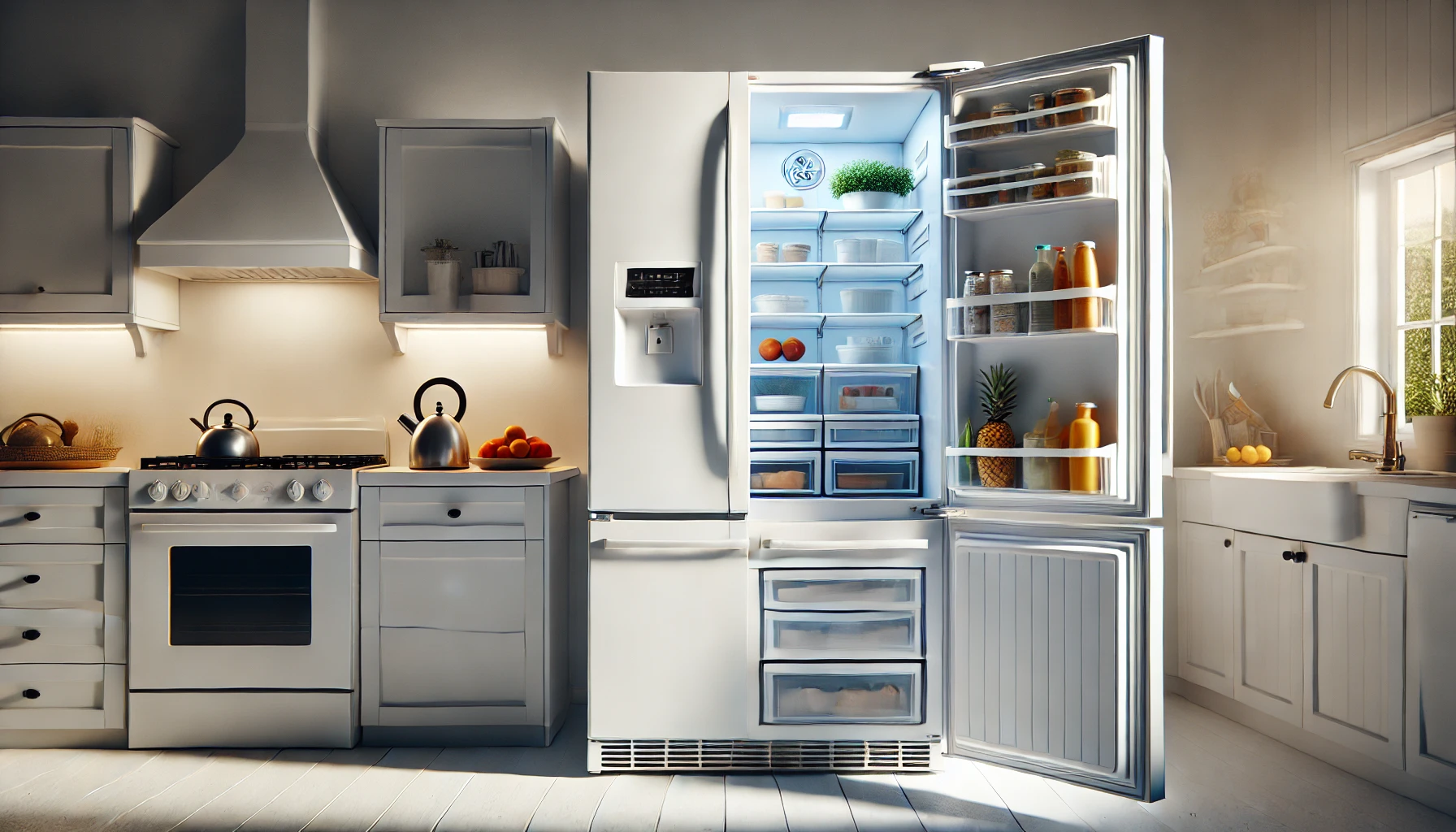 Wide-format image of the General Electric GTS1HGNGRWW refrigerator, a top-freezer model in white, with open doors revealing spacious storage, adjustable bins, and humidity-controlled crispers.