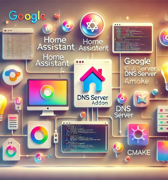 Wide feature image of Home Assistant Google CMake DNS Server Addon showing a smart home network with devices connected to a DNS server, coded for CMake integration.