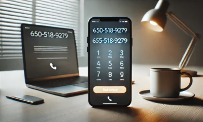 Smartphone on a modern workspace screen displaying 650-518-9279, emphasizing risks and safety tips around unfamiliar numbers.