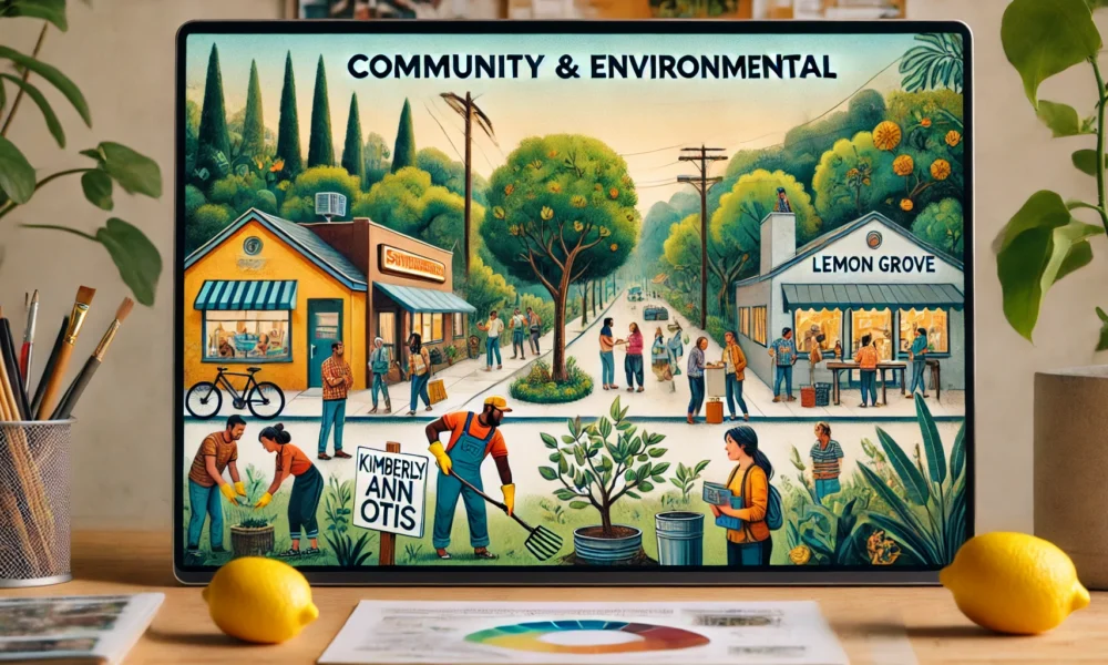 A community gathering in Lemon Grove with people participating in eco-friendly activities, symbolizing Kimberly Ann Otis’s role in promoting environmental and community well-being.