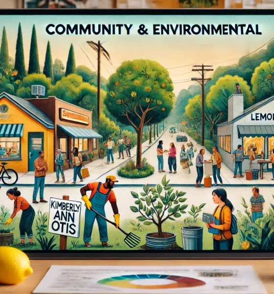 A community gathering in Lemon Grove with people participating in eco-friendly activities, symbolizing Kimberly Ann Otis’s role in promoting environmental and community well-being.