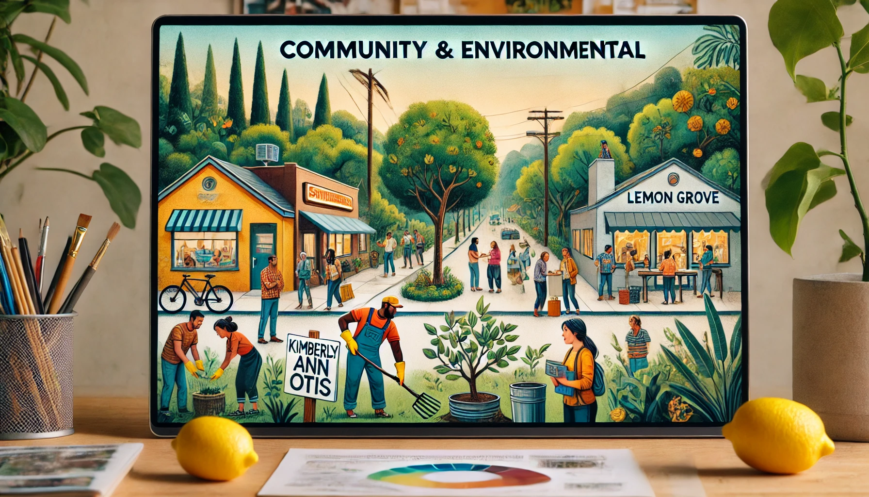 A community gathering in Lemon Grove with people participating in eco-friendly activities, symbolizing Kimberly Ann Otis’s role in promoting environmental and community well-being.