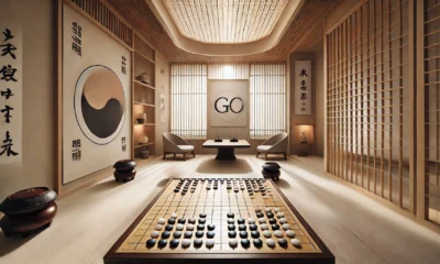 Traditional Go board mid-game in a serene East Asian room with Japanese and Korean cultural decor elements.