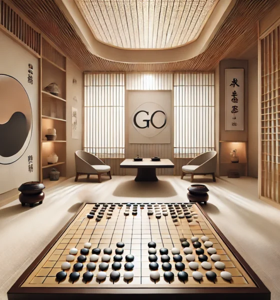 Traditional Go board mid-game in a serene East Asian room with Japanese and Korean cultural decor elements.