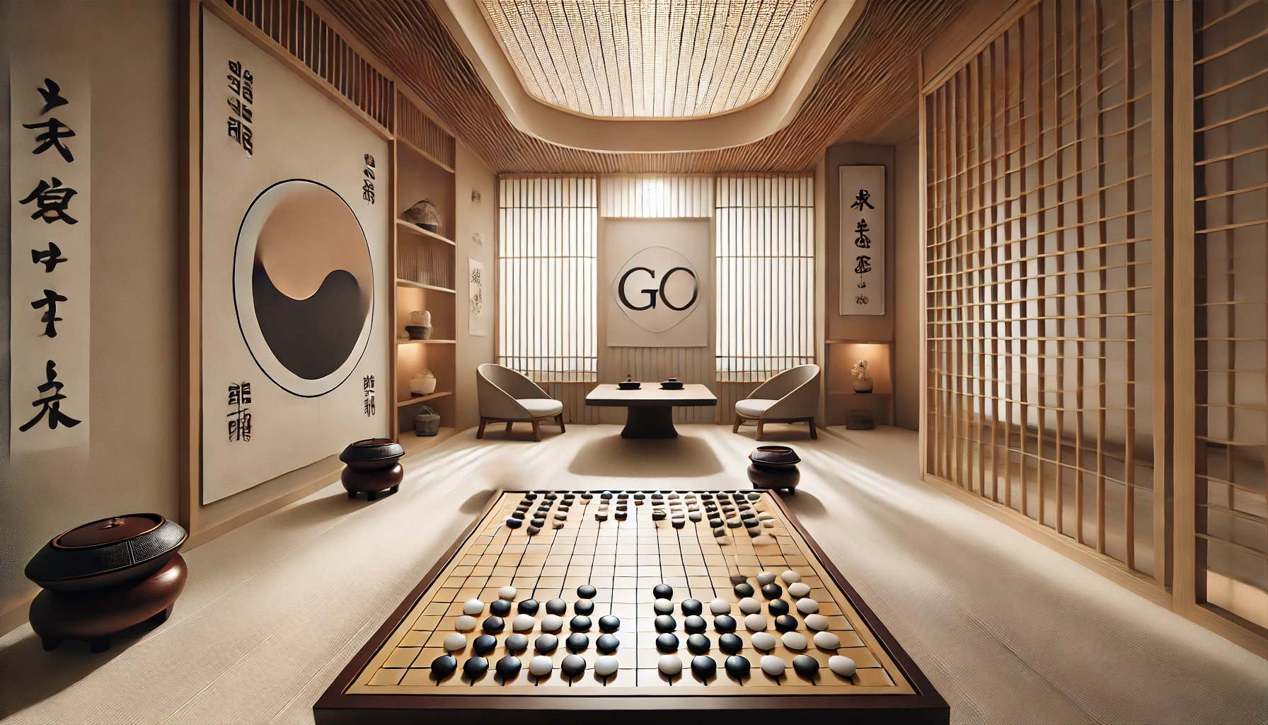 Traditional Go board mid-game in a serene East Asian room with Japanese and Korean cultural decor elements.