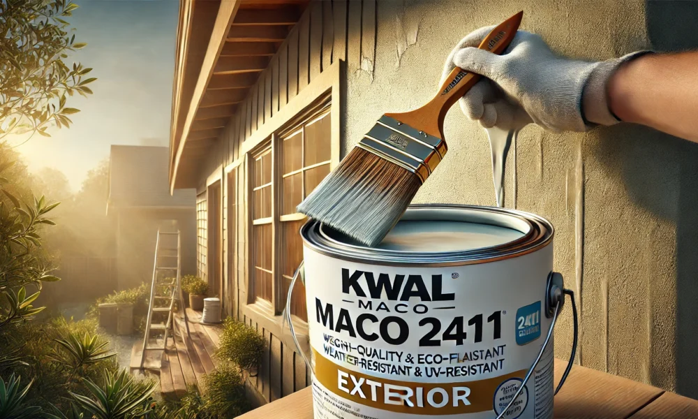 Wide-format image of a painter applying Kwal Maco 2411 Exterior paint to a house wall, showcasing durability, weather-resistance, and eco-friendly qualities with smooth, even coverage.