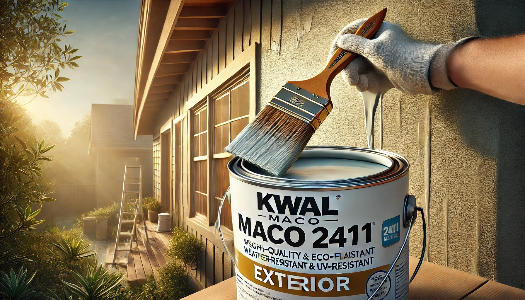 Wide-format image of a painter applying Kwal Maco 2411 Exterior paint to a house wall, showcasing durability, weather-resistance, and eco-friendly qualities with smooth, even coverage.