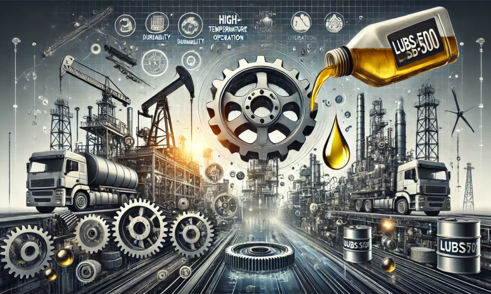 Feature image of LUBSB500 industrial lubricants showcasing gears, oil pouring, heavy machinery, and various industry applications.