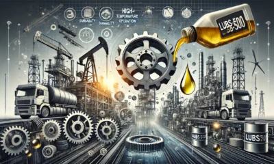 Feature image of LUBSB500 industrial lubricants showcasing gears, oil pouring, heavy machinery, and various industry applications.