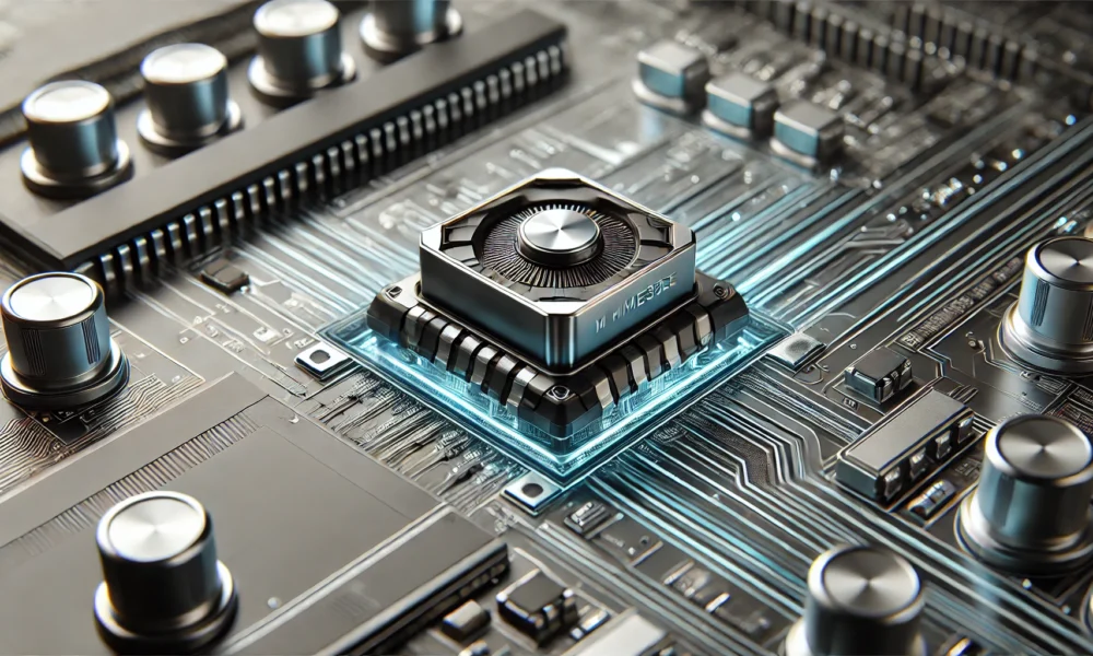 Close-up of the M MKME33EE electronic component on a circuit board, emphasizing its high-performance applications.