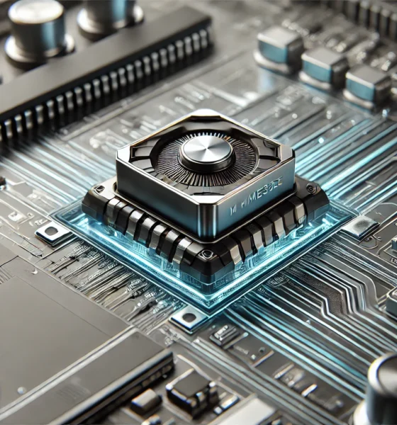 Close-up of the M MKME33EE electronic component on a circuit board, emphasizing its high-performance applications.