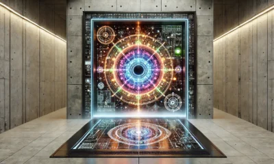 A futuristic glowing portal embedded in a modern wall, blending high-tech digital patterns with mystical aesthetics, surrounded by a metallic and stone-textured wall, illuminated by neon lights in a sleek, minimalist interior. The Concept is Used for Magic Techno Portal in Wall.