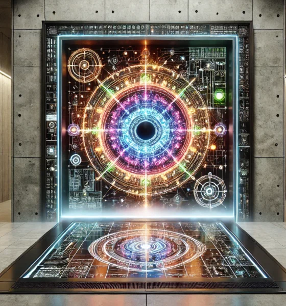 A futuristic glowing portal embedded in a modern wall, blending high-tech digital patterns with mystical aesthetics, surrounded by a metallic and stone-textured wall, illuminated by neon lights in a sleek, minimalist interior. The Concept is Used for Magic Techno Portal in Wall.