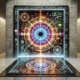 A futuristic glowing portal embedded in a modern wall, blending high-tech digital patterns with mystical aesthetics, surrounded by a metallic and stone-textured wall, illuminated by neon lights in a sleek, minimalist interior. The Concept is Used for Magic Techno Portal in Wall.