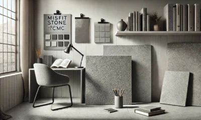 Misfit Stone Grey TCMC material in various applications including stationery, flooring, wall tiles, and tabletops.