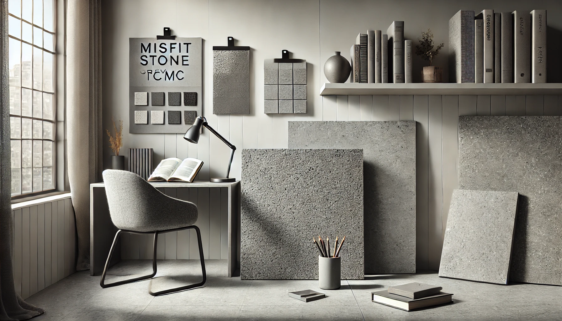 Misfit Stone Grey TCMC material in various applications including stationery, flooring, wall tiles, and tabletops.