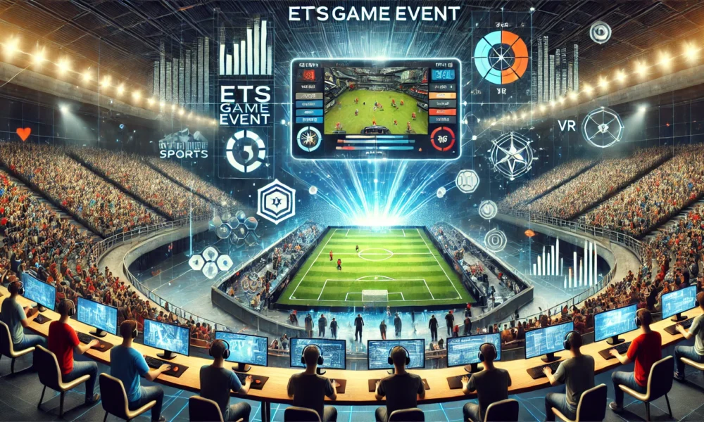 Feature image for Online Event ETS Game Event from eTrueSports, showcasing a virtual esports arena with a cheering audience, live gaming screens, real-time analytics, and VR/AR interactive icons for an immersive experience.