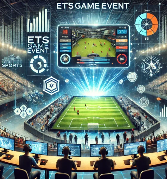 Feature image for Online Event ETS Game Event from eTrueSports, showcasing a virtual esports arena with a cheering audience, live gaming screens, real-time analytics, and VR/AR interactive icons for an immersive experience.