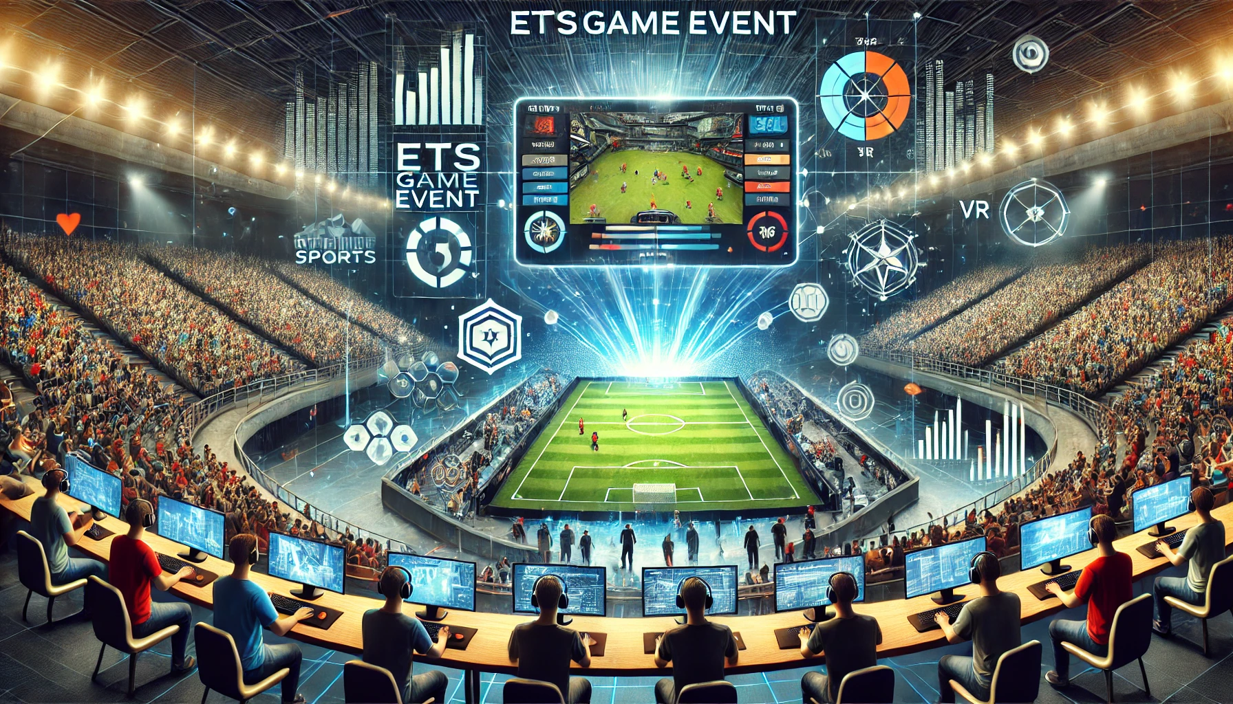 Feature image for Online Event ETS Game Event from eTrueSports, showcasing a virtual esports arena with a cheering audience, live gaming screens, real-time analytics, and VR/AR interactive icons for an immersive experience.