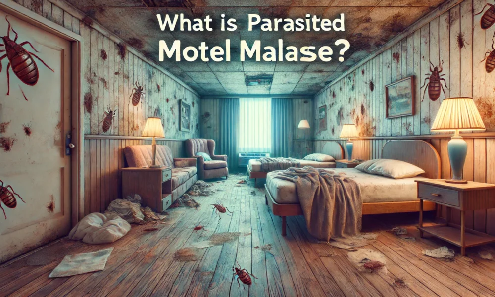 Wide-angle view of a rundown motel room with signs of neglect and poor sanitation, representing the concept of "Parasited Motel Malaise.