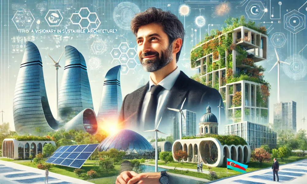 Portrait of Rauf Avvalzade with sustainable, eco-friendly architecture in the background, blending traditional Azerbaijani and modern green building elements.