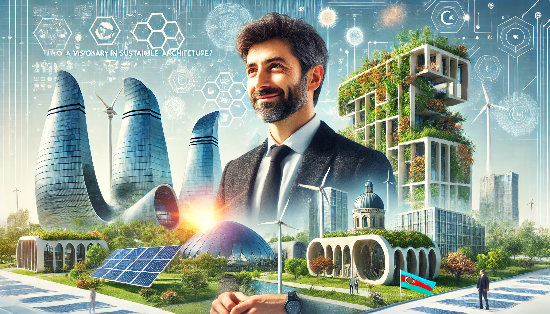 Portrait of Rauf Avvalzade with sustainable, eco-friendly architecture in the background, blending traditional Azerbaijani and modern green building elements.