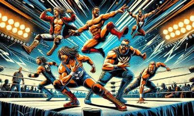 Dynamic digital illustration of wrestlers in action inspired by Filsinger Art and Ring of Honor, merging wrestling with comic-style illustrations, vibrant colors, and intense expressions.