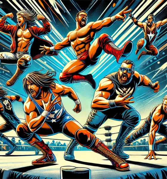 Dynamic digital illustration of wrestlers in action inspired by Filsinger Art and Ring of Honor, merging wrestling with comic-style illustrations, vibrant colors, and intense expressions.