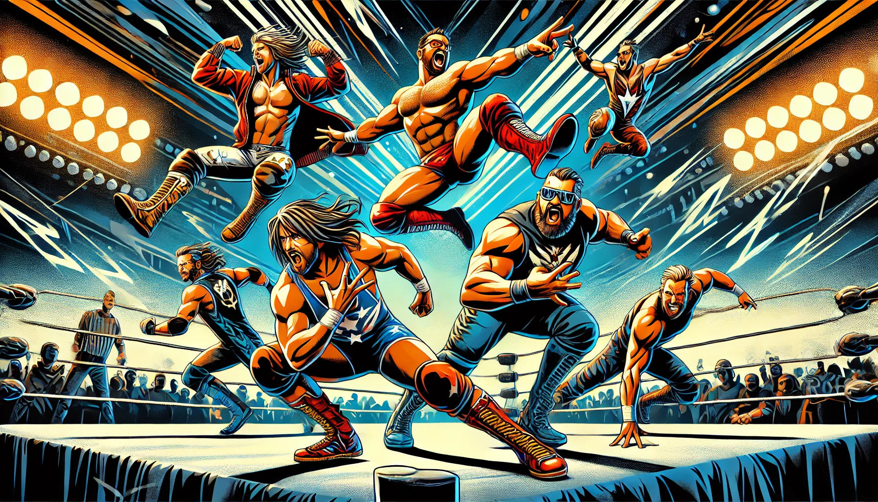 Dynamic digital illustration of wrestlers in action inspired by Filsinger Art and Ring of Honor, merging wrestling with comic-style illustrations, vibrant colors, and intense expressions.