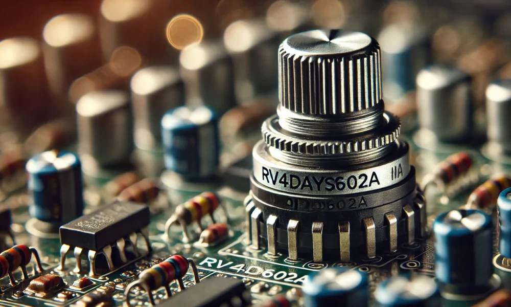 Close-up view of an RV4DAYSD602A potentiometer on an electronic circuit board, emphasizing its durable metal body and precise adjustment mechanism, with electronic components blurred in the background.