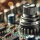 Close-up view of an RV4DAYSD602A potentiometer on an electronic circuit board, emphasizing its durable metal body and precise adjustment mechanism, with electronic components blurred in the background.