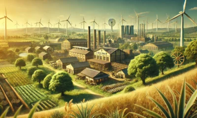 A serene landscape showcasing Sodaimar philosophy, with traditional artisanal workshops set alongside clean, sustainable technology like wind turbines and solar panels, surrounded by lush greenery.