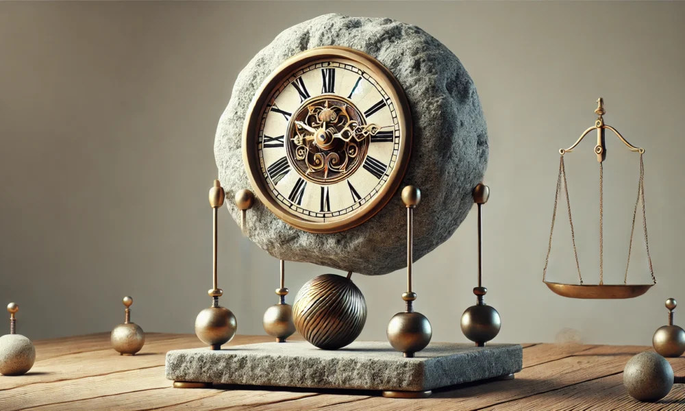 Tischling Stone Weighted Clock on a wooden surface with a polished stone base and metallic weights.