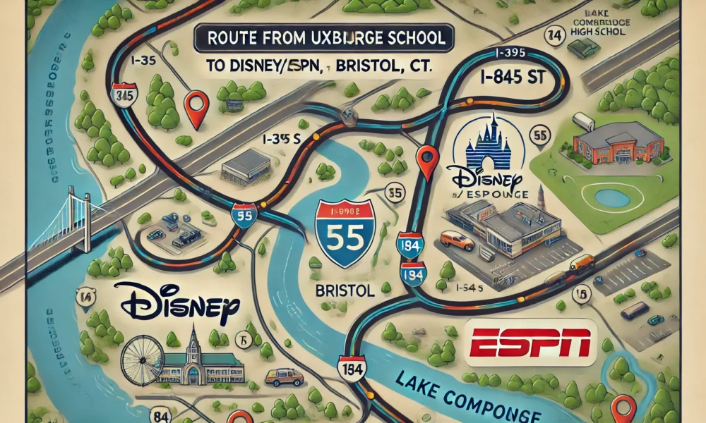 Map showing route from Uxbridge High School in Massachusetts to Disney/ESPN headquarters in Bristol, Connecticut, highlighting I-395 S and I-84 E with scenic elements and landmarks like Lake Compounce. Concept is used for uxbridge high school to disney bristol ct.