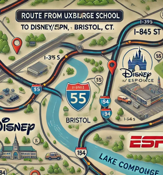 Map showing route from Uxbridge High School in Massachusetts to Disney/ESPN headquarters in Bristol, Connecticut, highlighting I-395 S and I-84 E with scenic elements and landmarks like Lake Compounce. Concept is used for uxbridge high school to disney bristol ct.