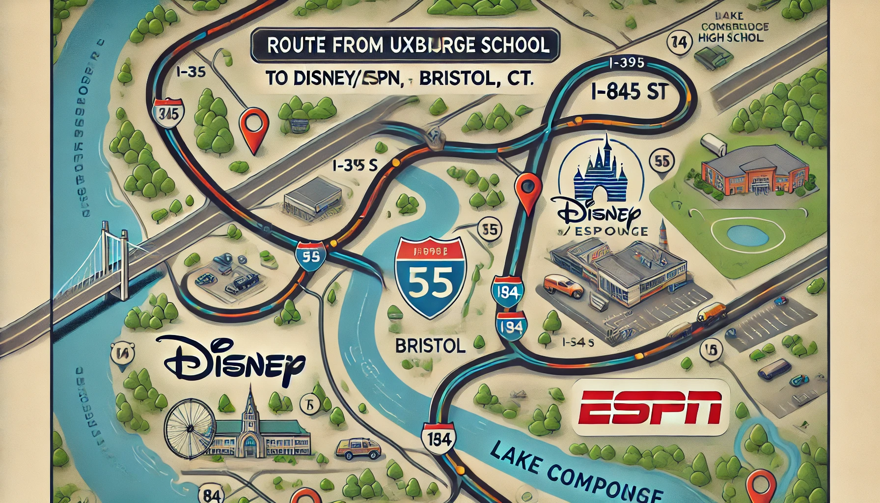 Map showing route from Uxbridge High School in Massachusetts to Disney/ESPN headquarters in Bristol, Connecticut, highlighting I-395 S and I-84 E with scenic elements and landmarks like Lake Compounce. Concept is used for uxbridge high school to disney bristol ct.