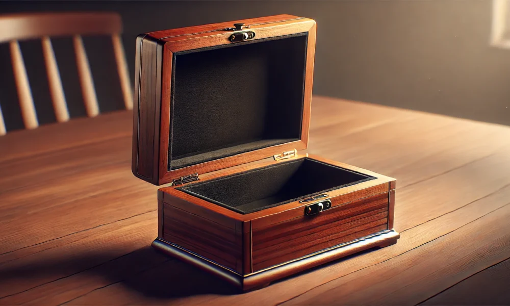 Vintage Domont Minute Empty Wood Box on wooden tabletop, showcasing mahogany or walnut finish, velvet-lined interior, and brass accents.