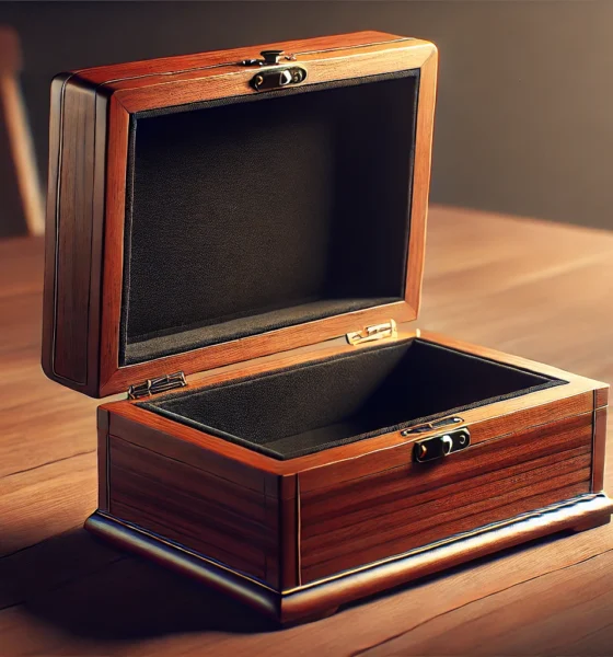 Vintage Domont Minute Empty Wood Box on wooden tabletop, showcasing mahogany or walnut finish, velvet-lined interior, and brass accents.