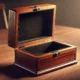 Vintage Domont Minute Empty Wood Box on wooden tabletop, showcasing mahogany or walnut finish, velvet-lined interior, and brass accents.